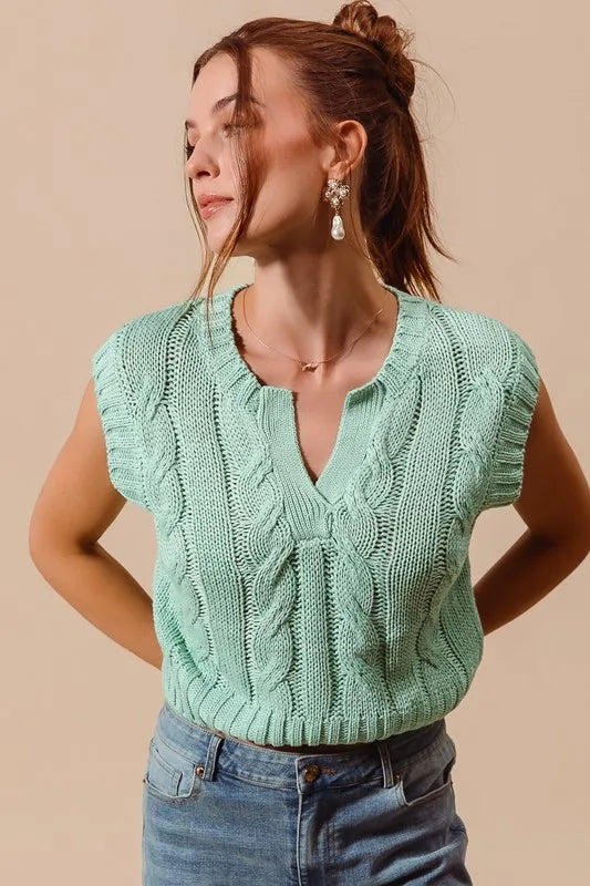 SO ME Notched Neck Cable Knit Sweater Vest-1