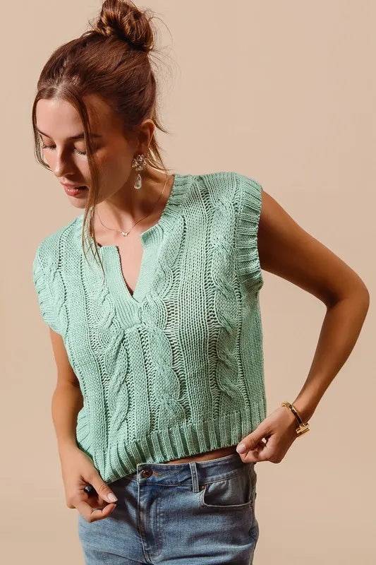 SO ME Notched Neck Cable Knit Sweater Vest-3