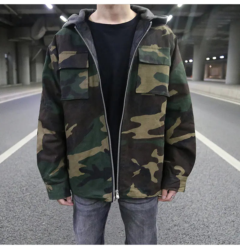 Vintage Camouflage Hooded Quilted Jacket for Men