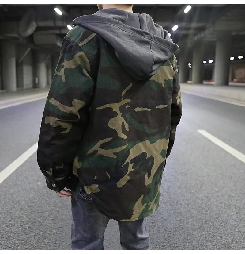 Vintage Camouflage Hooded Quilted Jacket for Men
