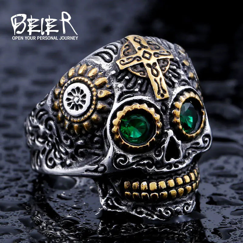Beier Men's Vintage Titanium Steel Skull Cross Ring