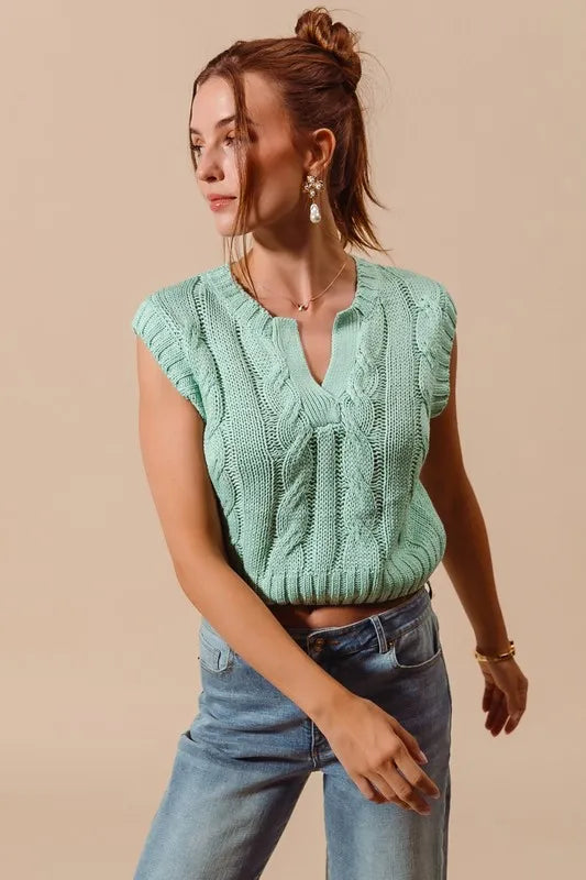 SO ME Notched Neck Cable Knit Sweater Vest-2