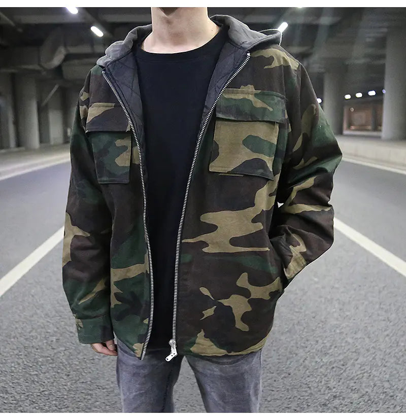 Vintage Camouflage Hooded Quilted Jacket for Men
