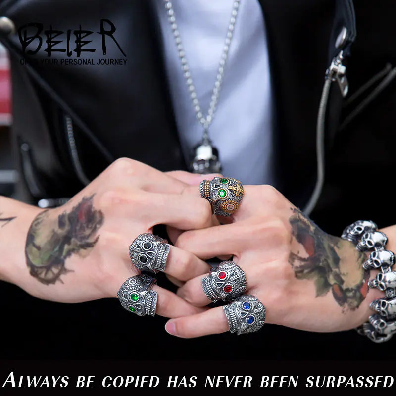 Beier Men's Vintage Titanium Steel Skull Cross Ring