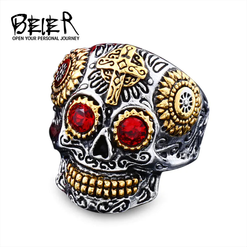 Beier Men's Vintage Titanium Steel Skull Cross Ring
