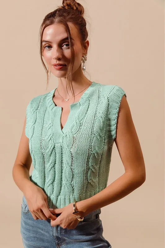 SO ME Notched Neck Cable Knit Sweater Vest-0
