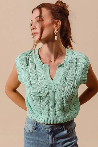 SO ME Notched Neck Cable Knit Sweater Vest-1