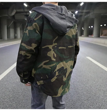 Vintage Camouflage Hooded Quilted Jacket for Men