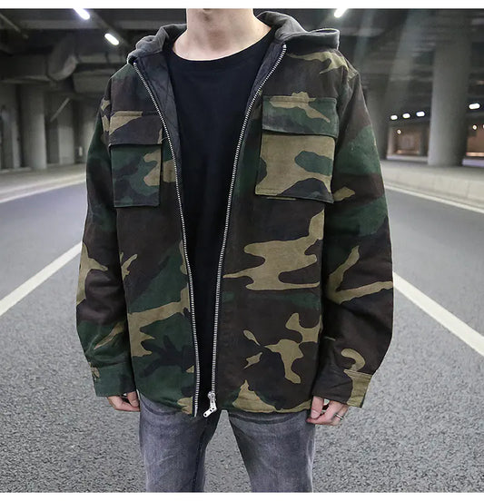 Vintage Camouflage Hooded Quilted Jacket for Men