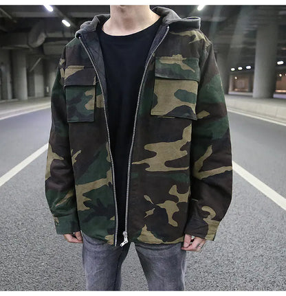 Vintage Camouflage Hooded Quilted Jacket for Men